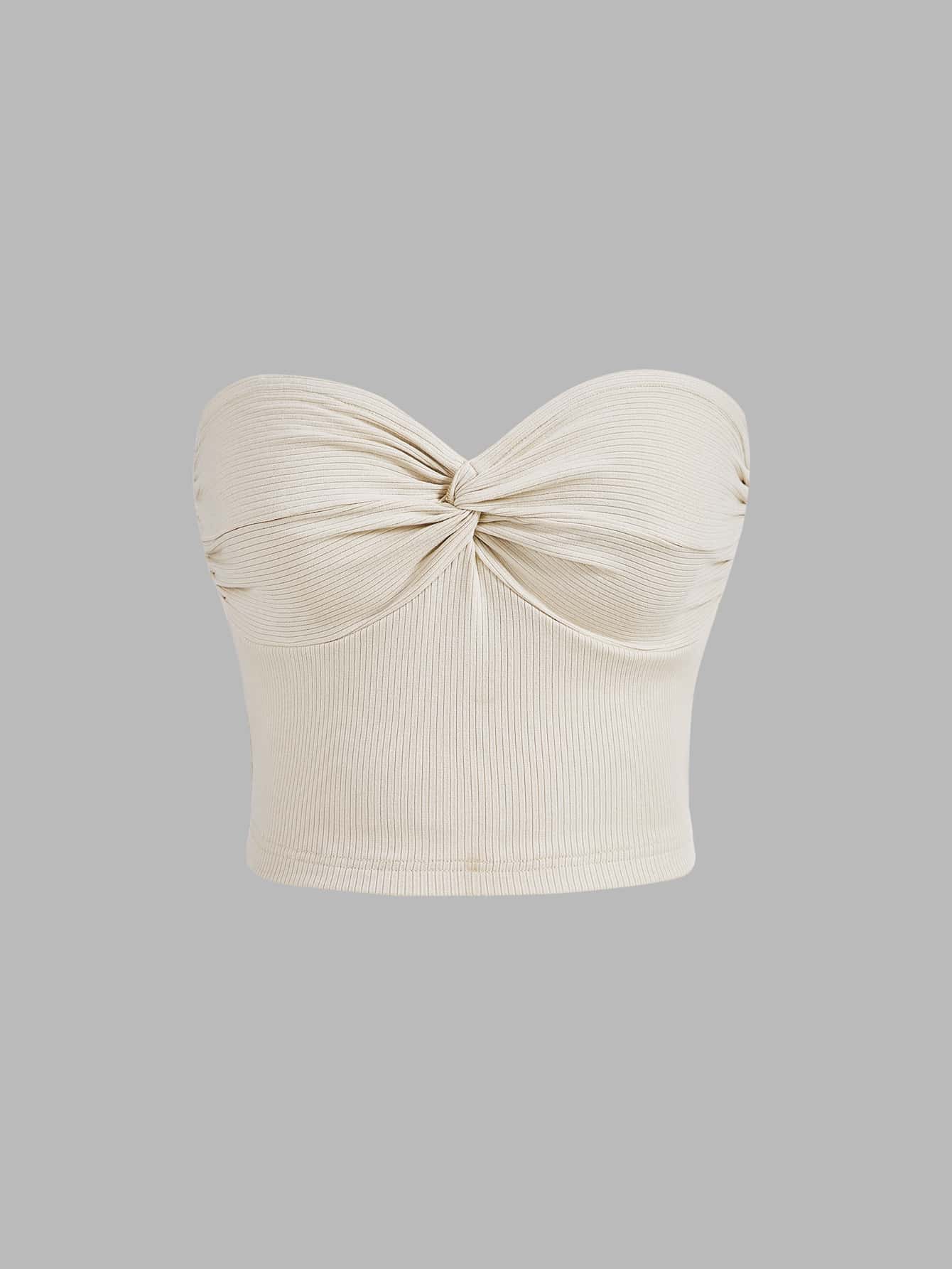 White Summer Twist Front Ribbed Knit Tube Top