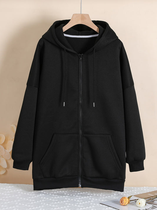 Plus Zip Up Drop Shoulder Drawstring Thermal Lined Longline Hoodie