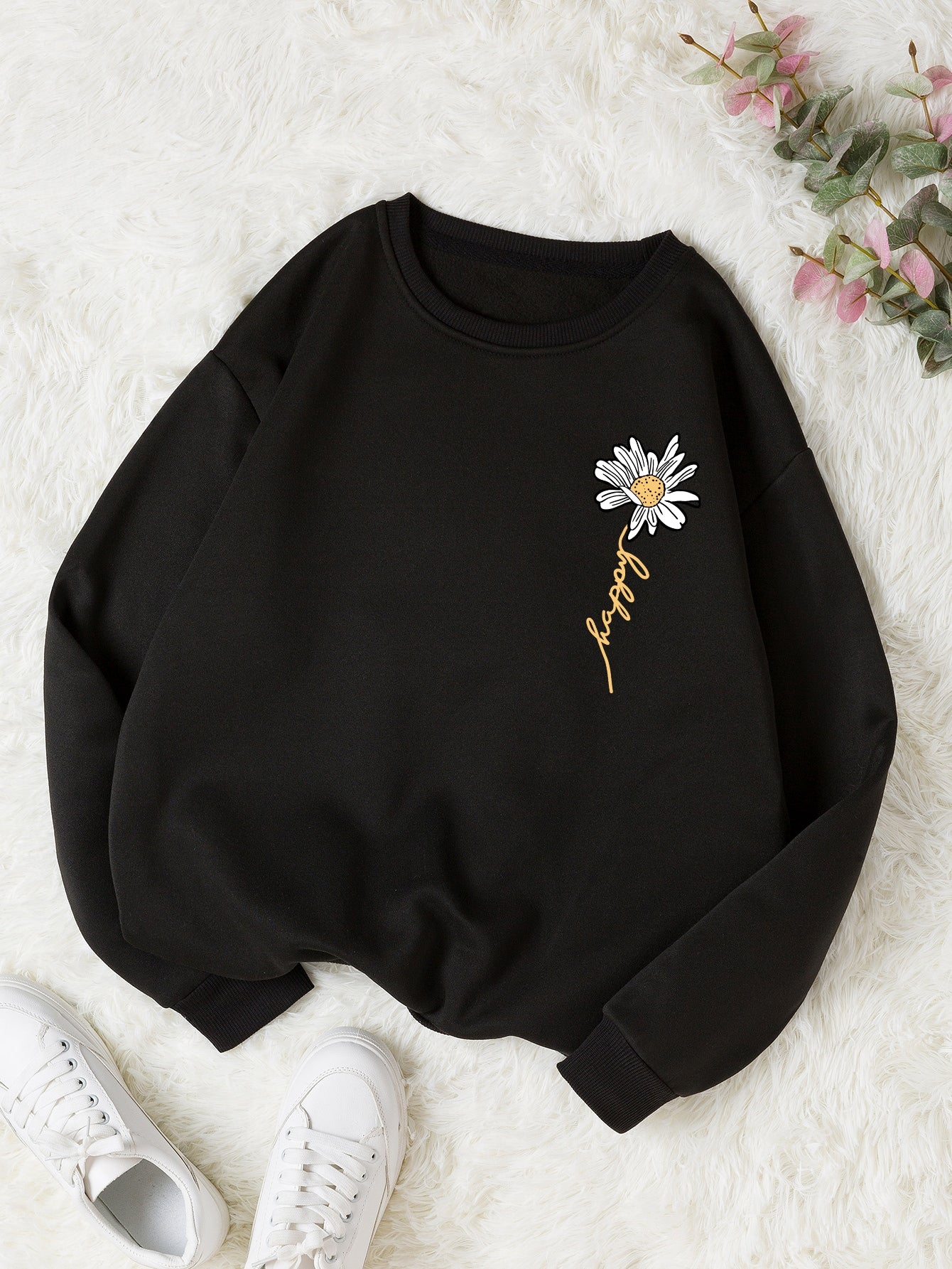 Letter & Floral Print Thermal Pullover