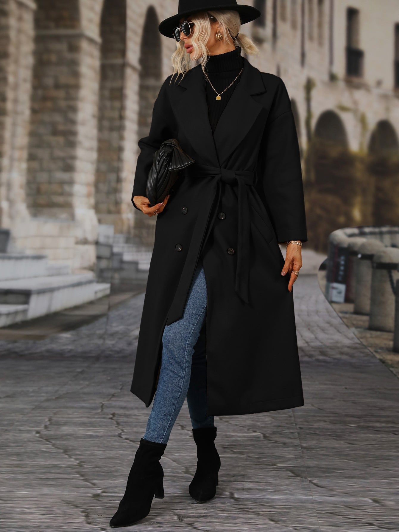 Lapel Neck Double Breasted Drop Shoulder Belted Overcoat