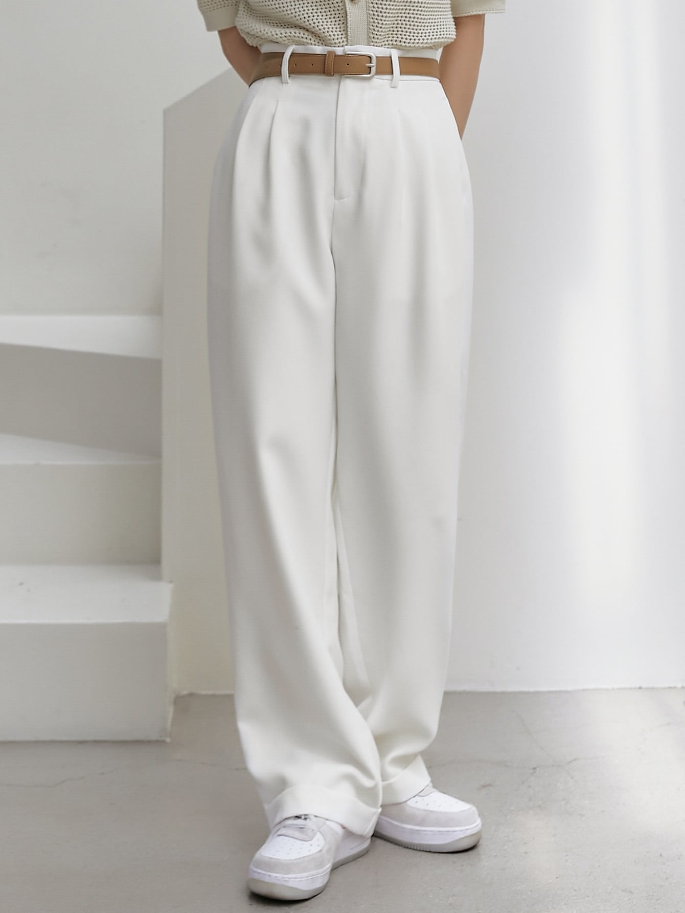 Dazy-Less High Waist Fold Pleated Suit Pants Without Belt