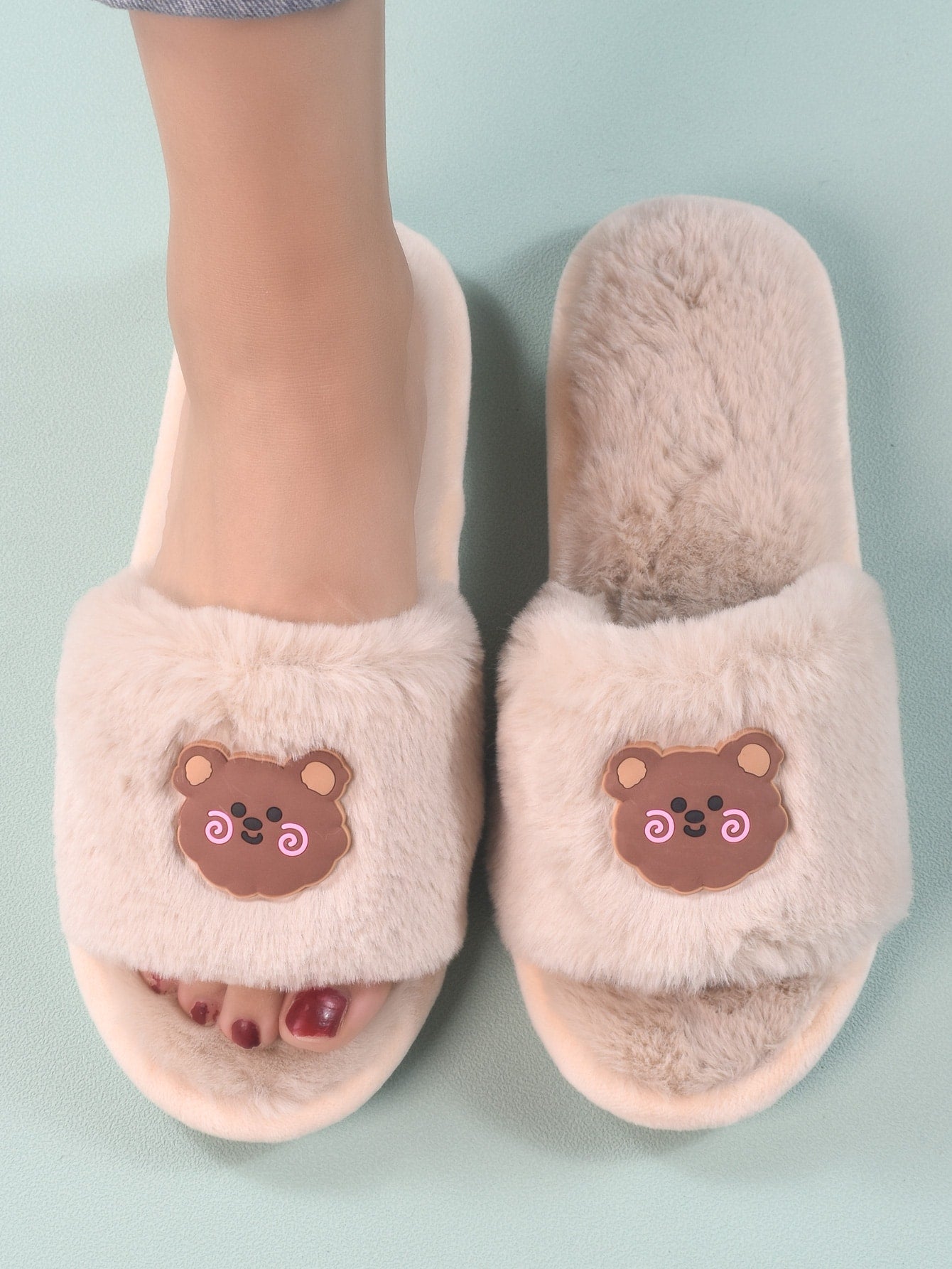 Bear Head Decor Fuzzy Bedroom Slippers