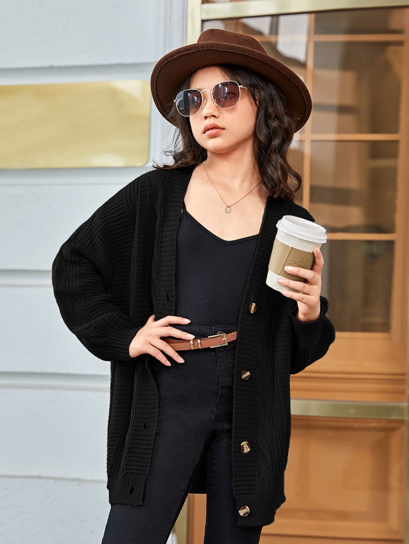 Tween Girl Autumn And Winter Solid Color Drop Shoulder Long Sleeve Single Breasted Casual Loose Cardigan