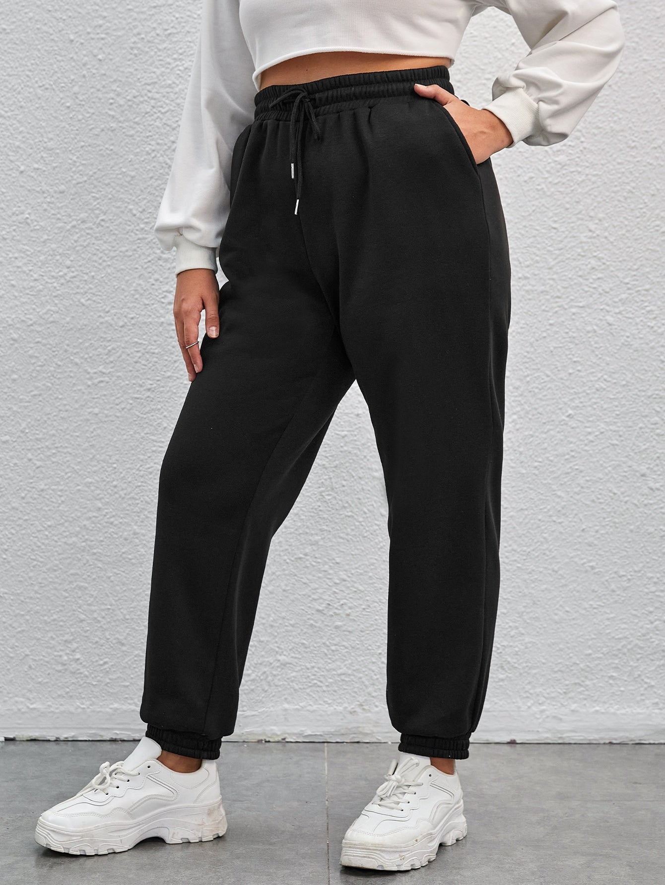 Plus Drawstring Waist Slant Pocket Black Sweatpants