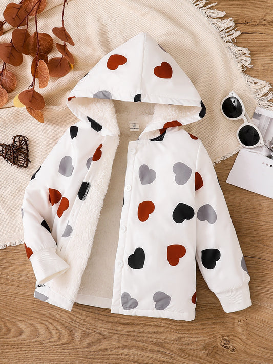 Young Girl Heart Print Hooded Fleece Lined Mid-Length Parka Coat, Autumn/Winter