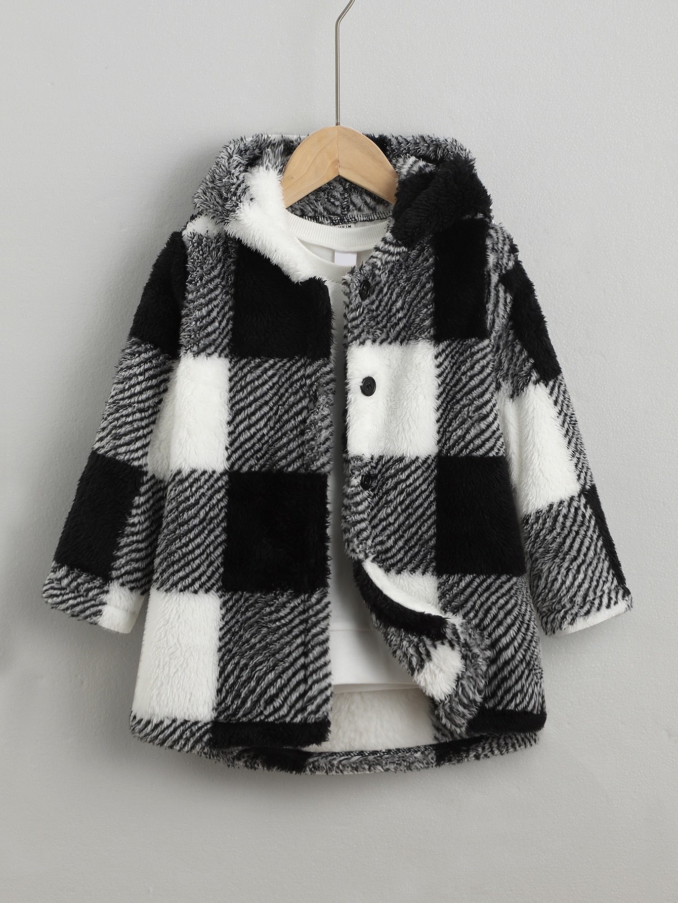 Young Girl Buffalo Plaid Print Hooded Teddy Coat Without Pullover