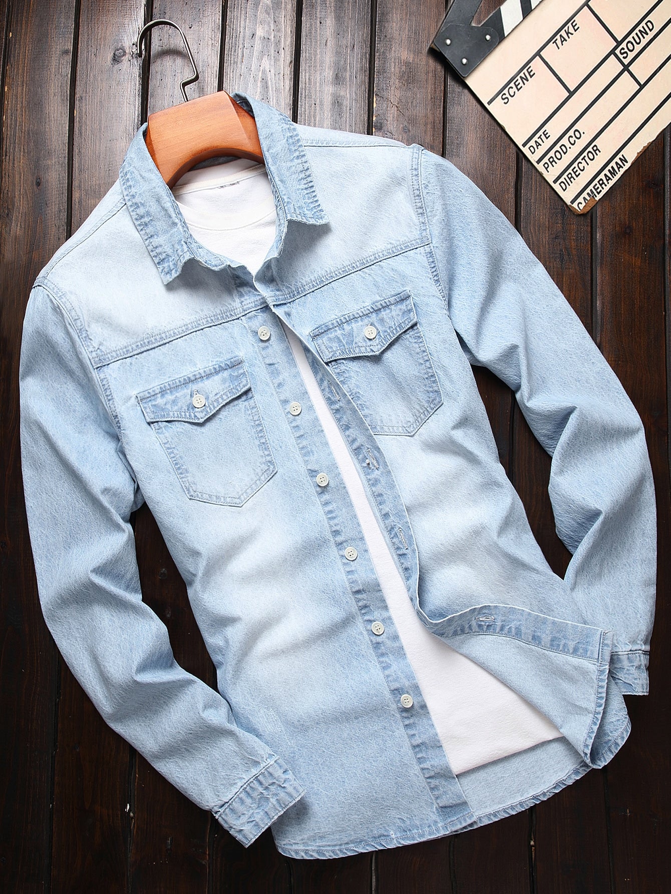 Men Cotton Flap Pocket Oversize Long Sleeve Button Up Plain Blue Denim Shirt Without Tee, For Going Out