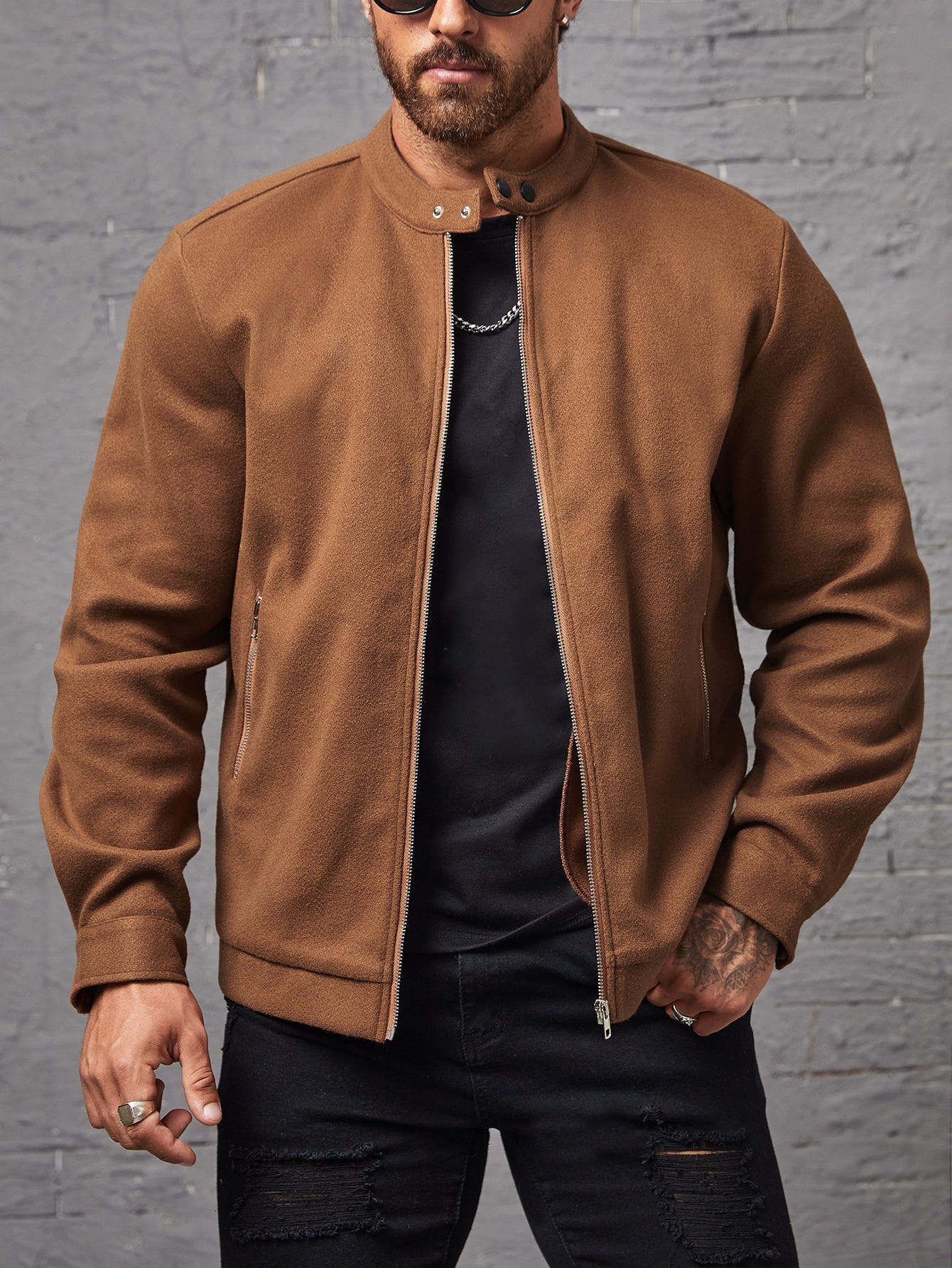 Loose Fit Men's Solid Color Zipper Coat