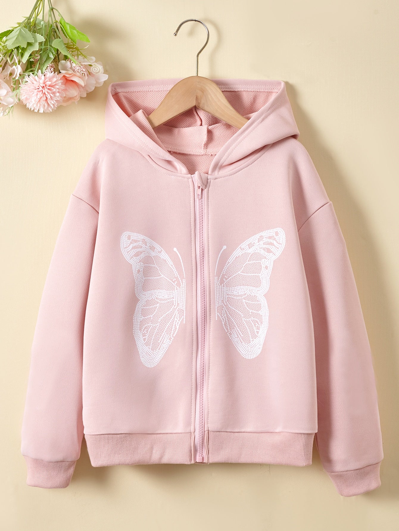 Tween Girl's Butterfly Printed Hooded Sweatshirt With Zipper, Spring/Autumn