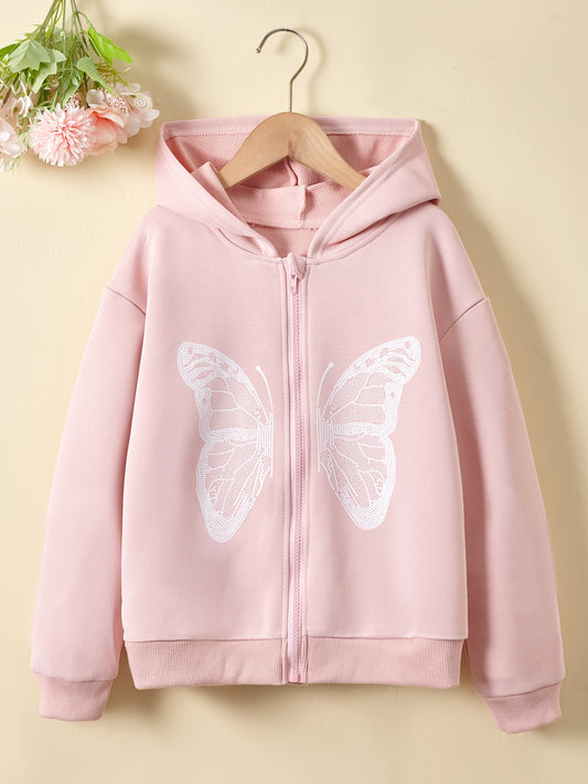 Tween Girl's Butterfly Printed Hooded Sweatshirt With Zipper, Spring/Autumn