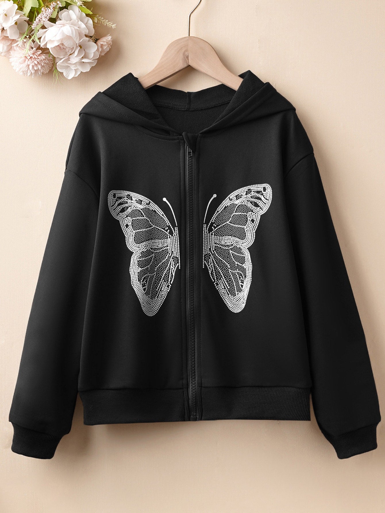 Tween Girl's Butterfly Printed Hooded Sweatshirt With Zipper, Spring/Autumn