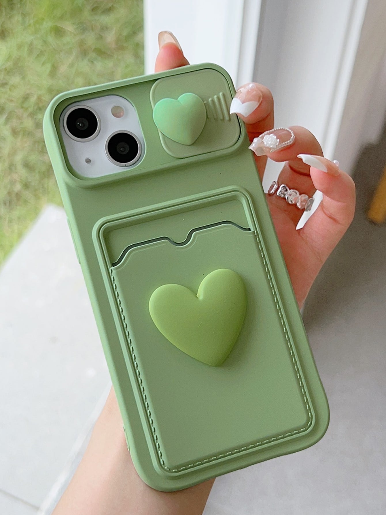 Sliding Transparent Double Heart Sticker Picture Frame Card Holder Phone Case Compatible With Apple IPhone