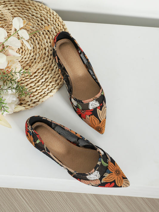 Floral Pattern Embroidered Detail Point Toe Canvas Ballet Flats, Multicolored Fashionable Embroidered Flower & Printed Ballet Flats For Women