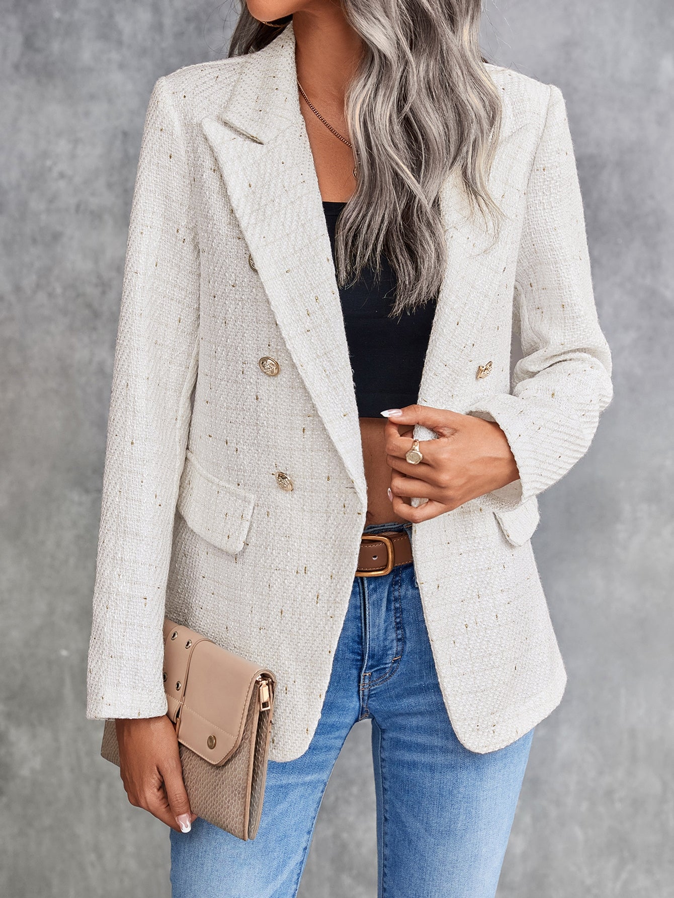 Lapel Neck Double Breasted Tweed Blazer