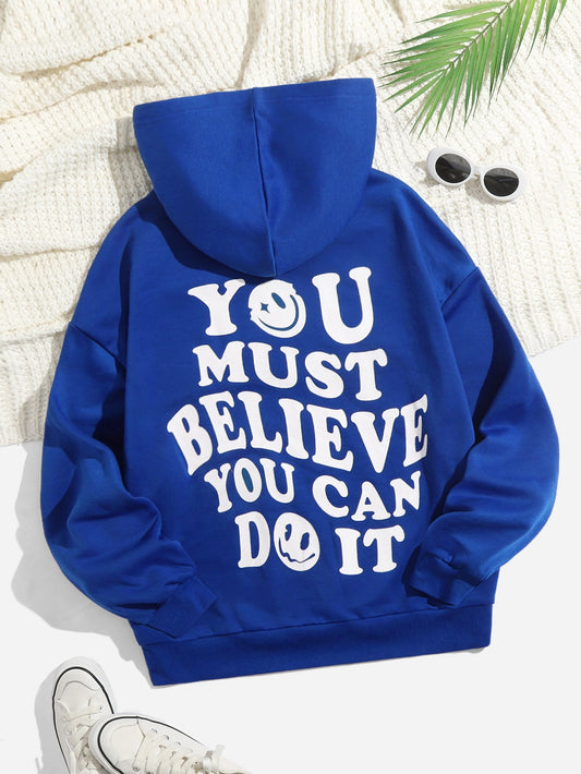 Summer Outfits Slogan Graphic Drop Shoulder Drawstring Thermal Hoodie