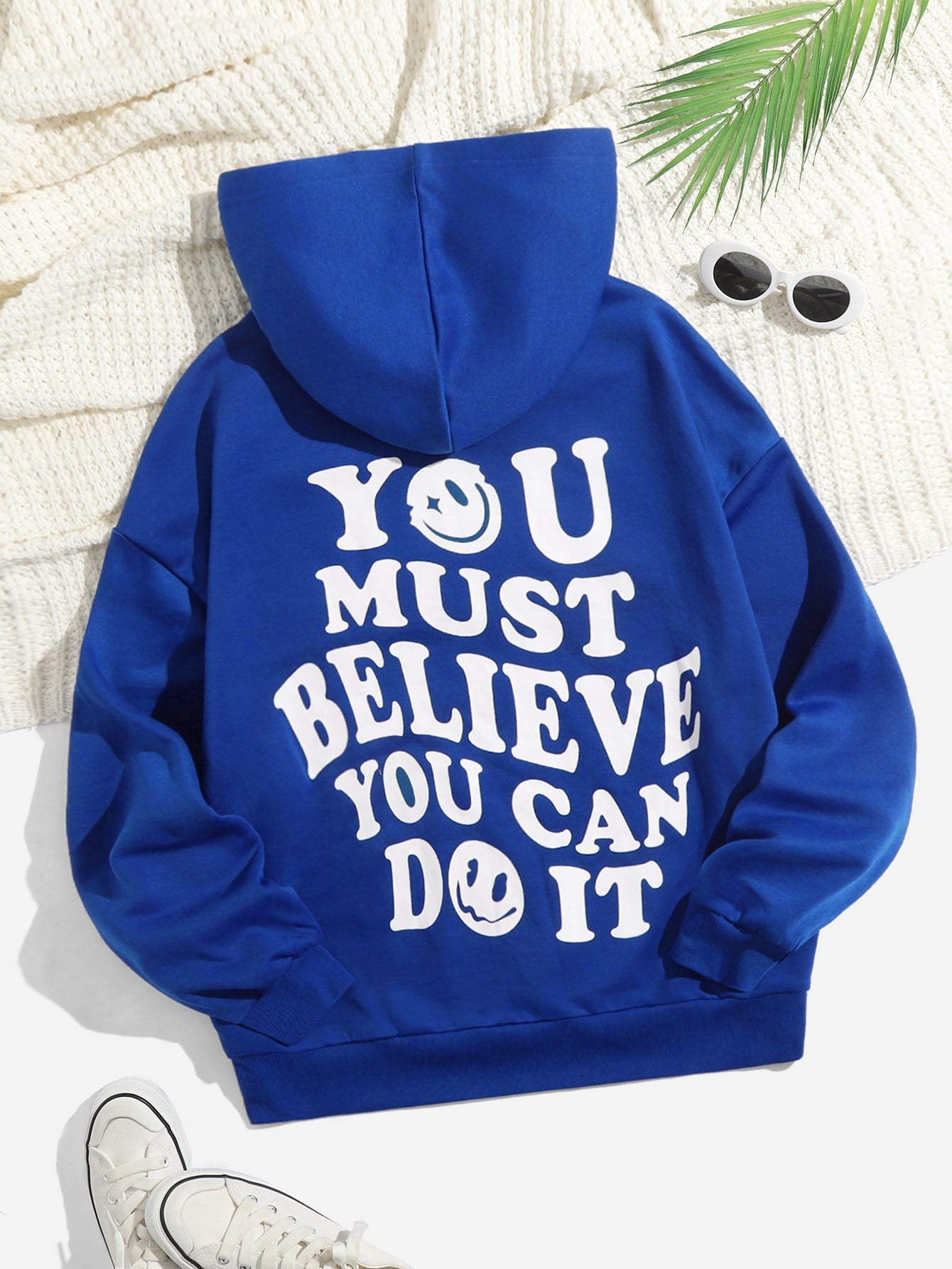 Summer Outfits Slogan Graphic Drop Shoulder Drawstring Thermal Hoodie YOU MUST BELIEVE YOU CAN DO IT