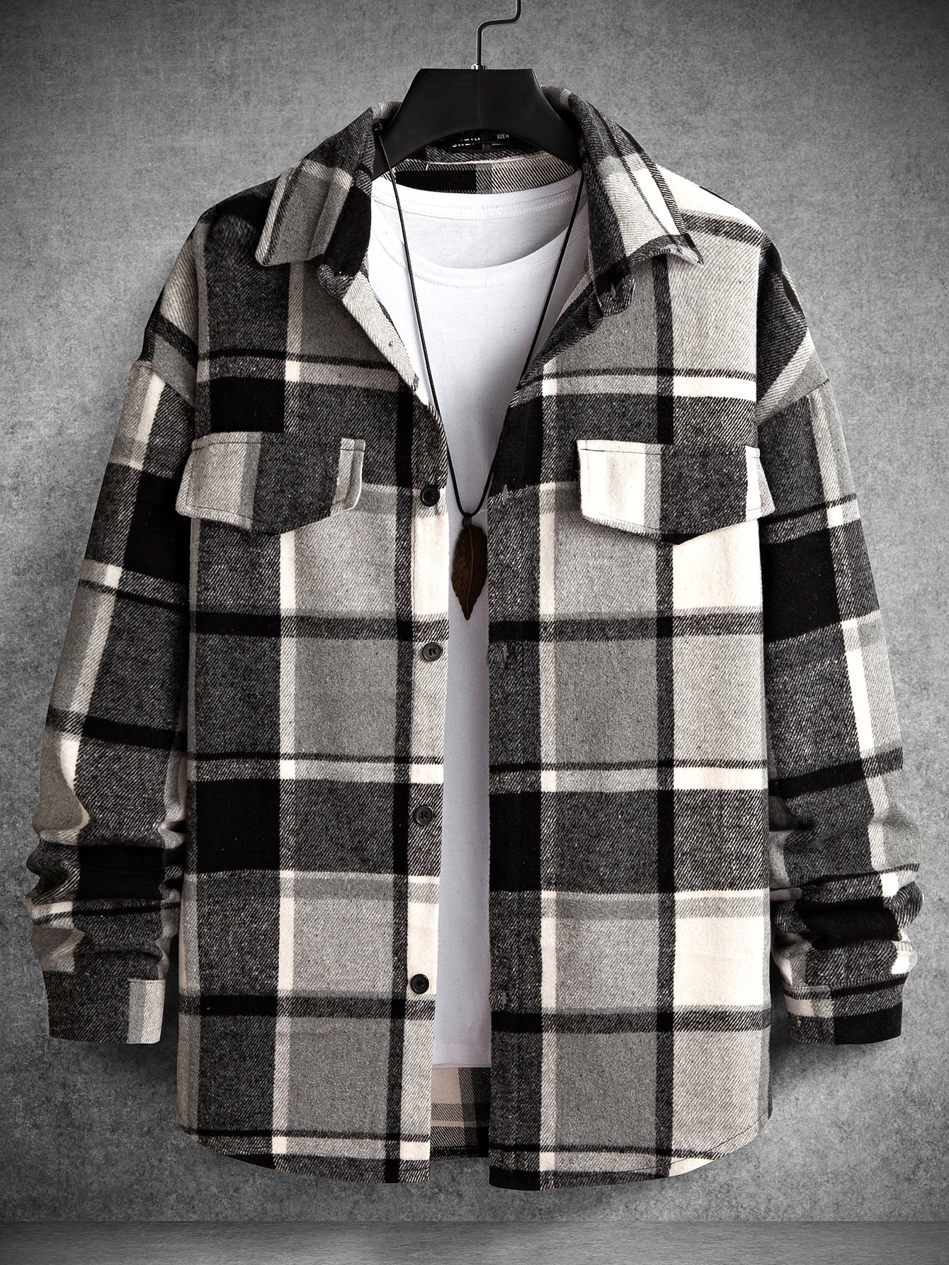 Loose Fit Men's Plaid Overcoat With Flap Detail And Drop Shoulder Design, Without Tee