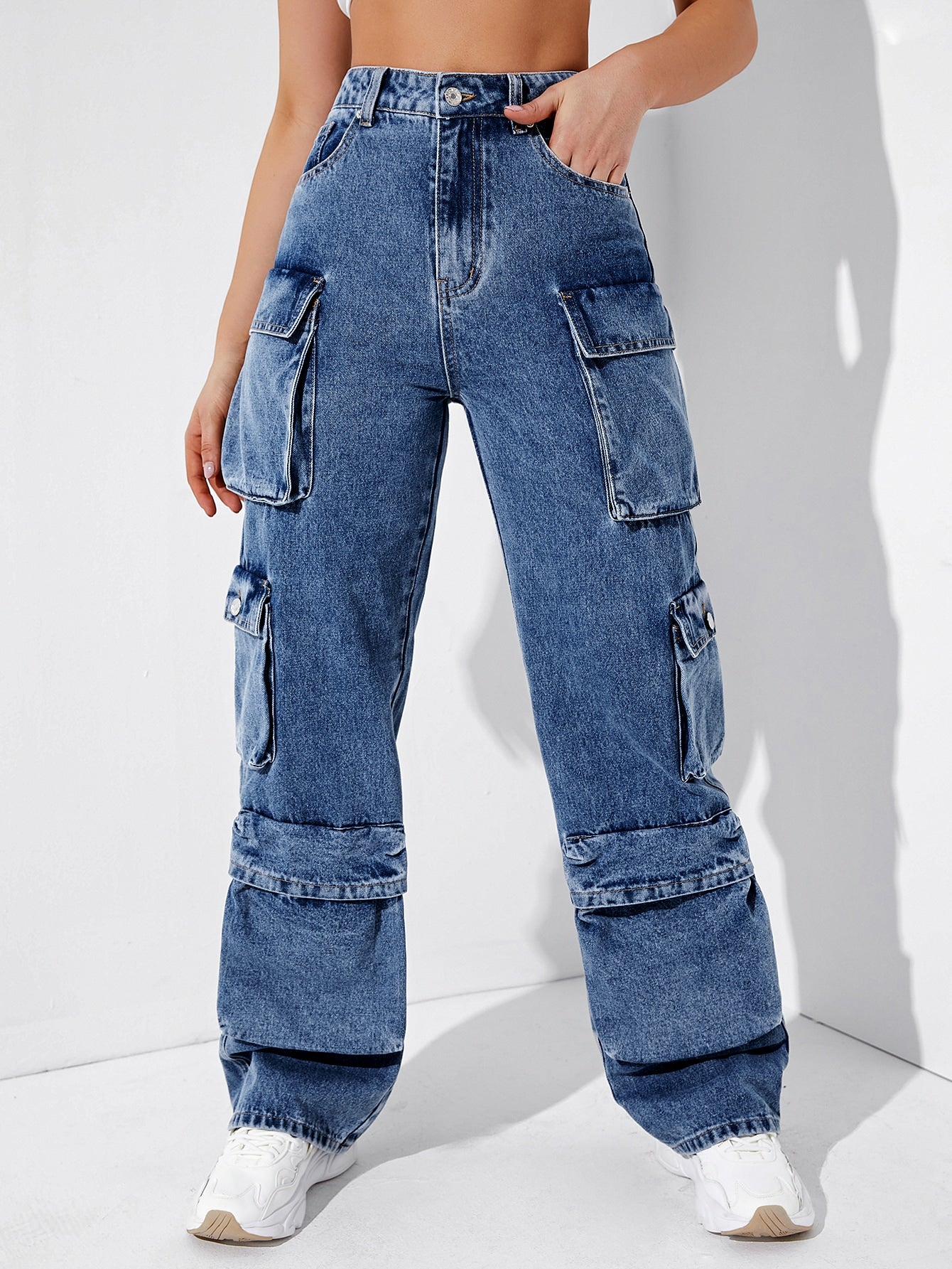 High Waisted Flap Pocket Cargo Jeans