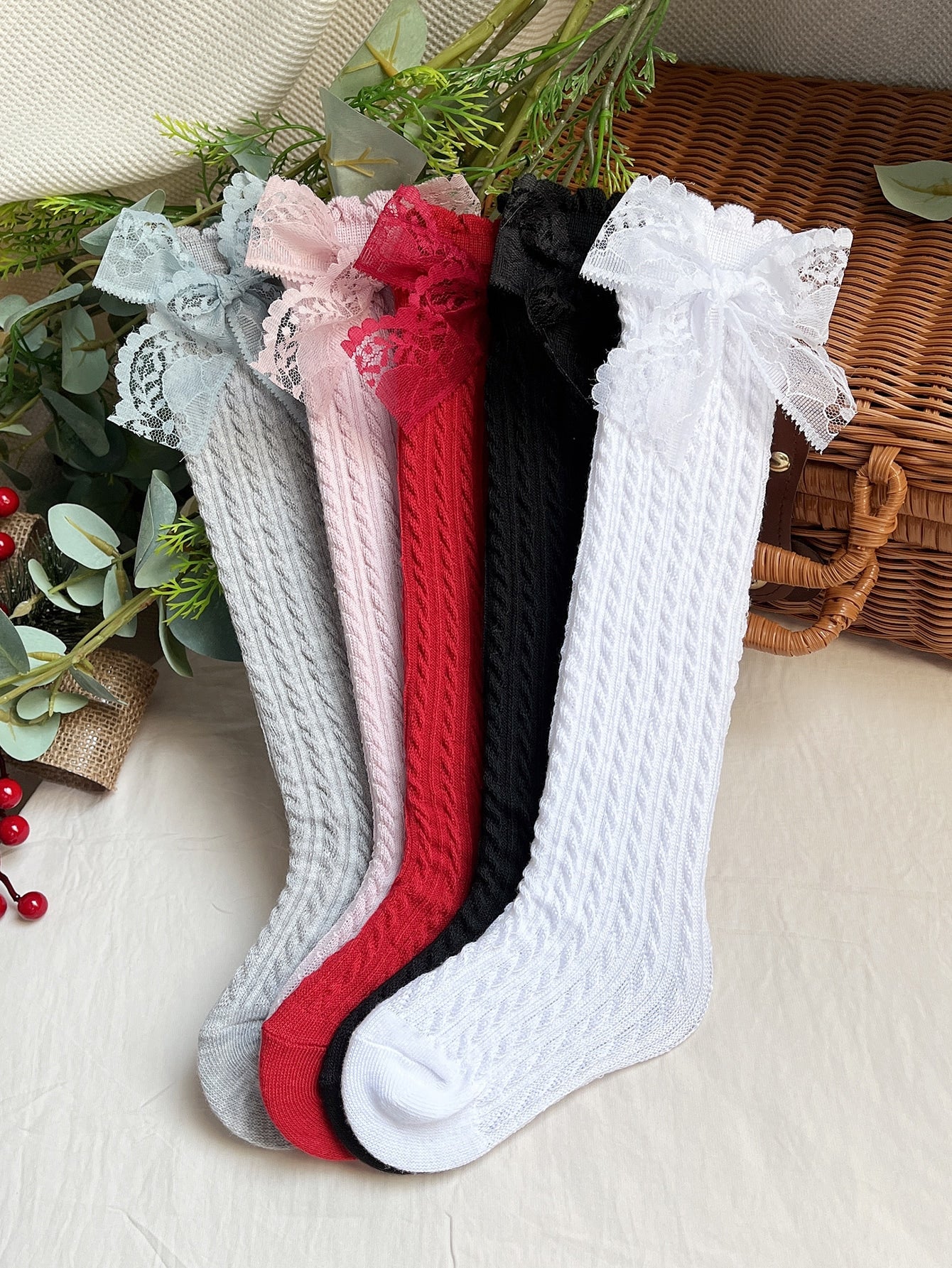 5 Pairs Girls' Solid Color Long Tube Socks With Bowknot, Autumn/winter