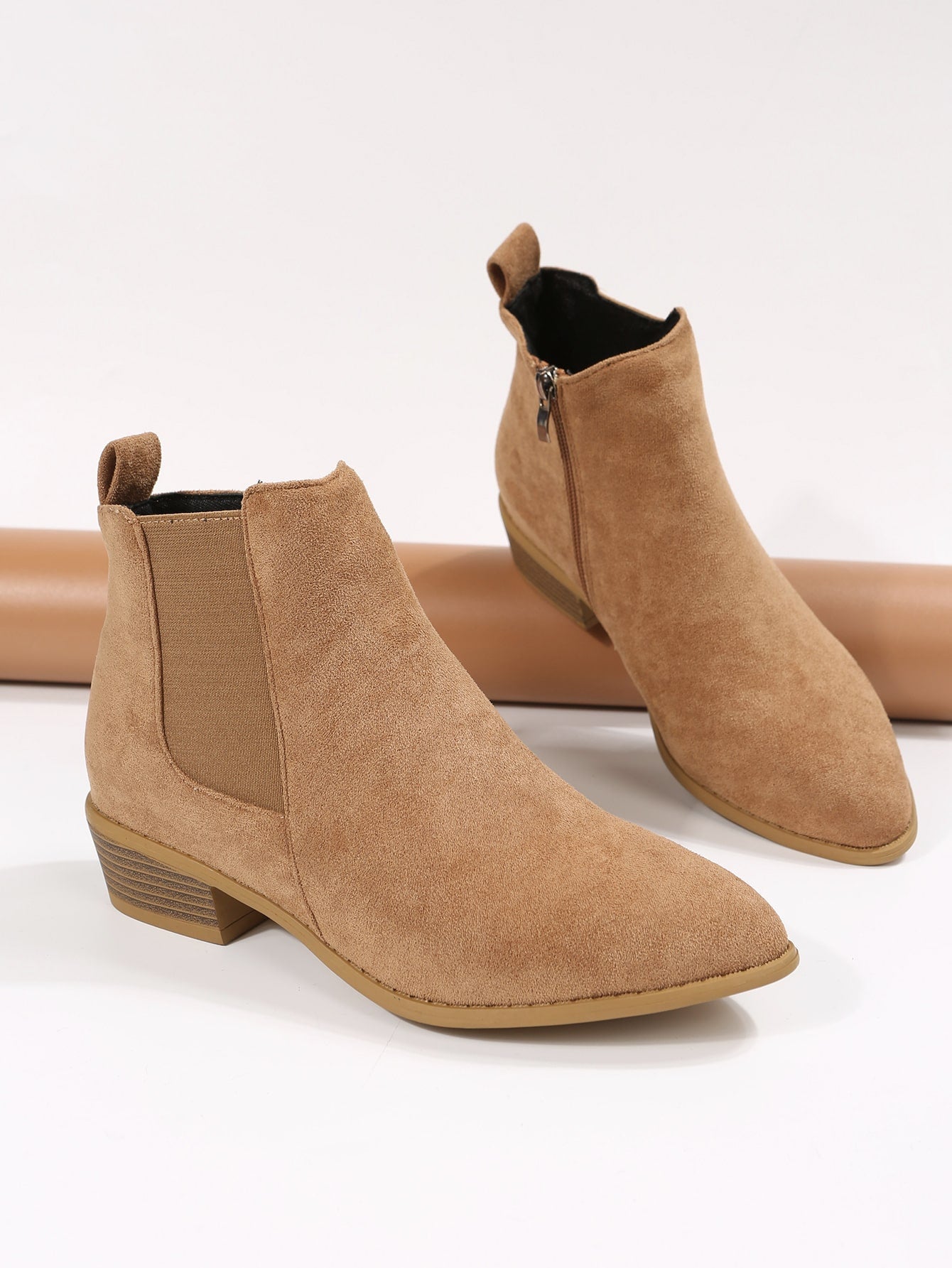 Camel Elegant Solid Color Chelsea Boots With Side Zipper For Women, Faux Suede Chelsea Boots