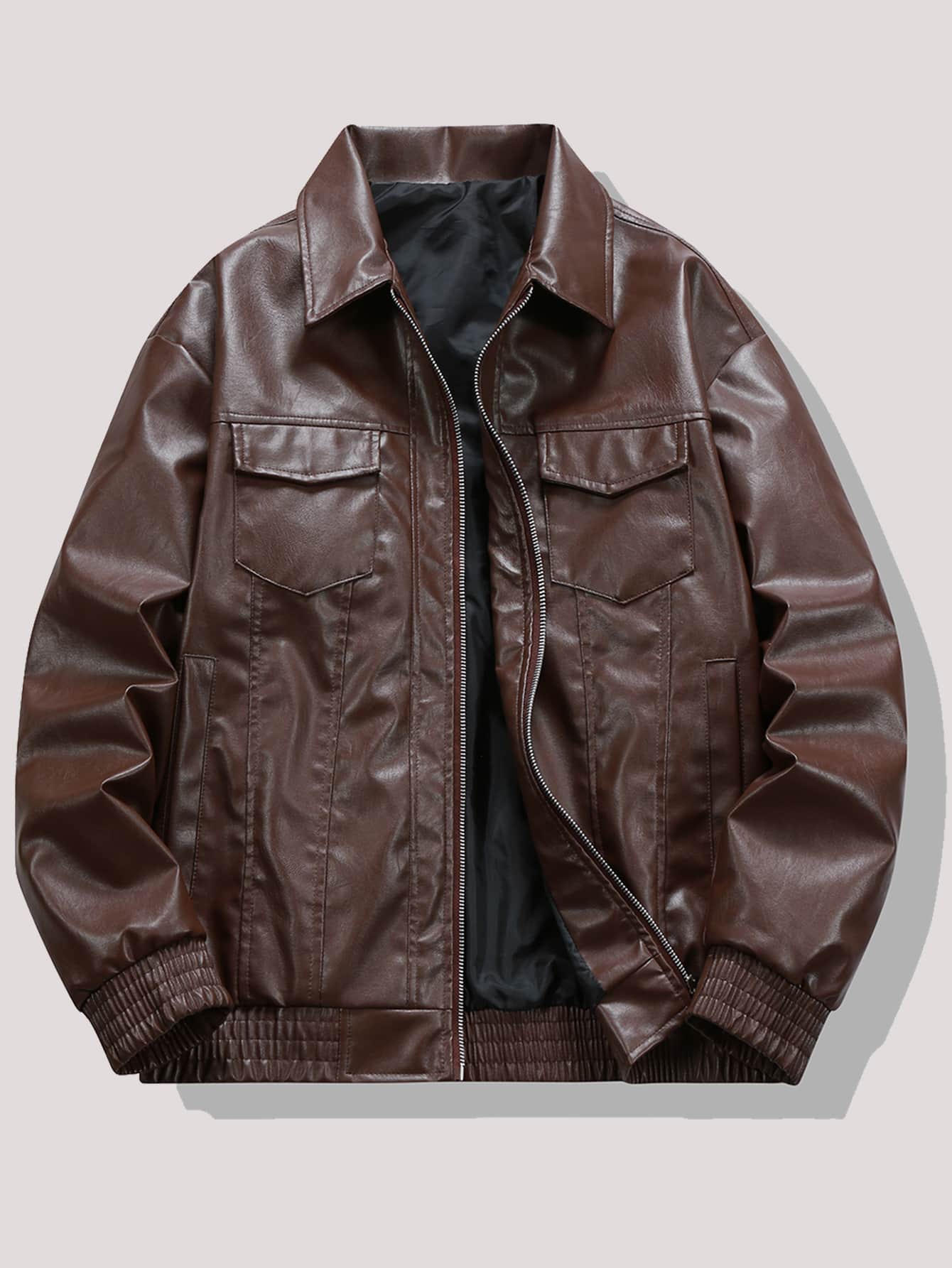 Loose Fit Men's PU Jacket With Flap Pockets