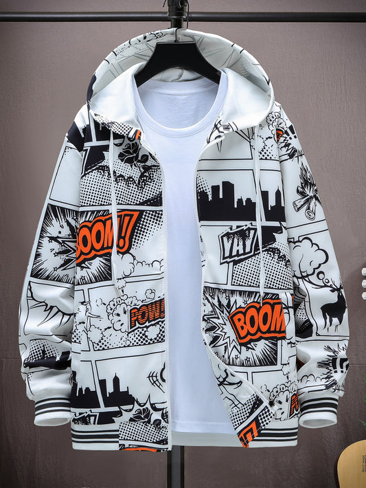 Men 1pc Pop Art Print Zip Up Drawstring Hooded Jacket