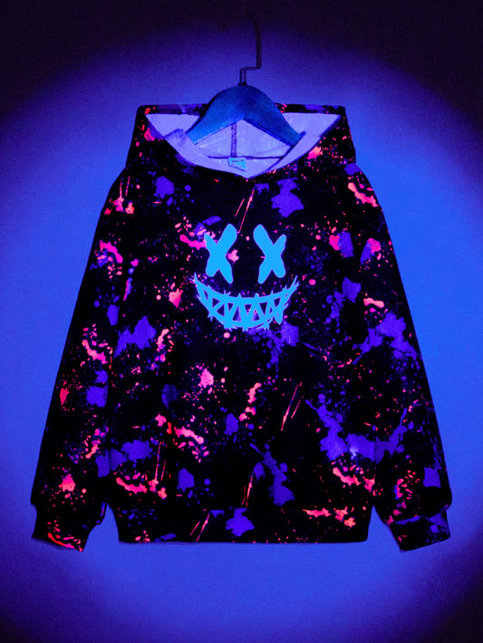 Tween Boy Reflective Splashed Ink & Cartoon Graphic Hoodie