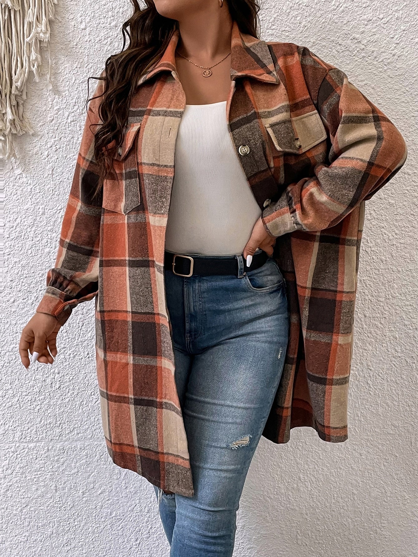 Plus Plaid Print Drop Shoulder Coat