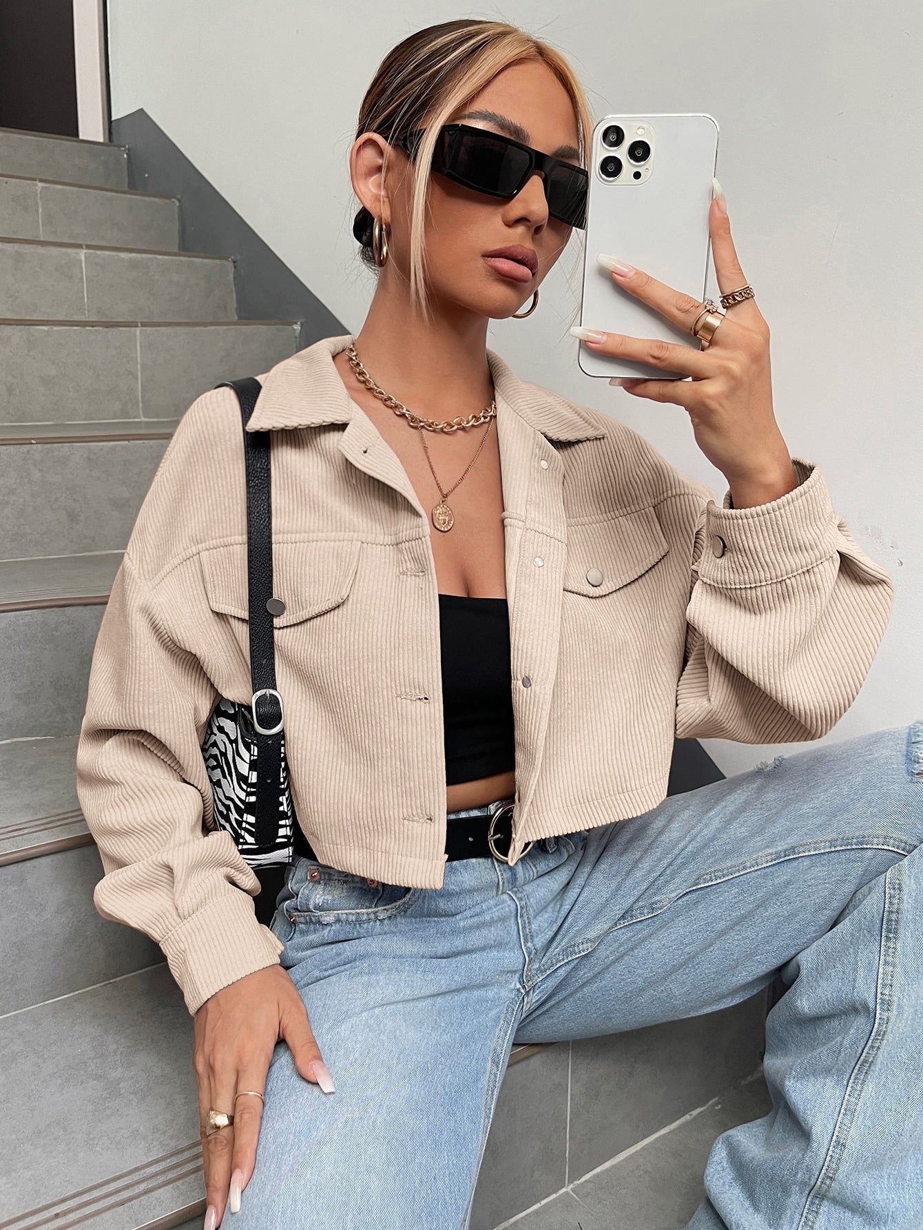 Spring Outfits Drop Shoulder Flap Detail Crop Corduroy Jacket