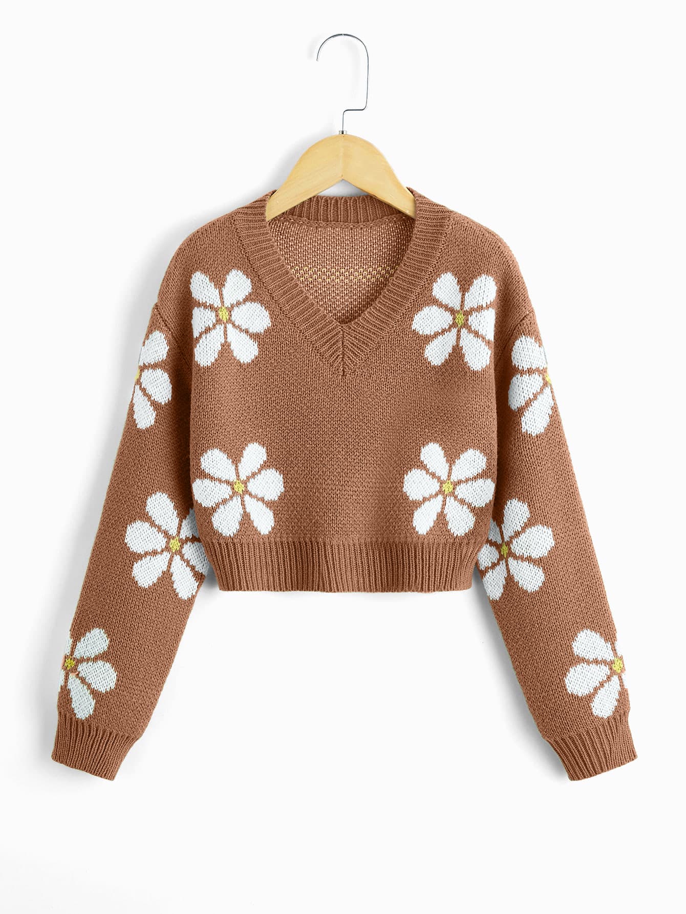 Tween Girl Floral Pattern Drop Shoulder Sweater