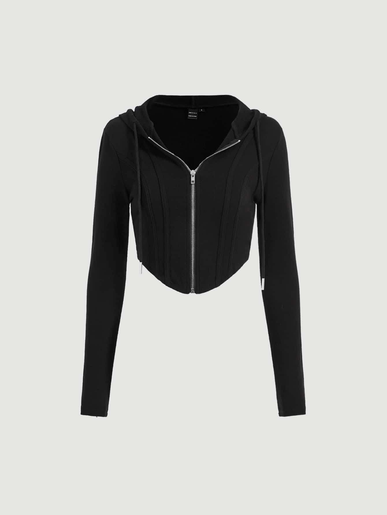 Zip Up Drawstring Hooded Crop Hoodie