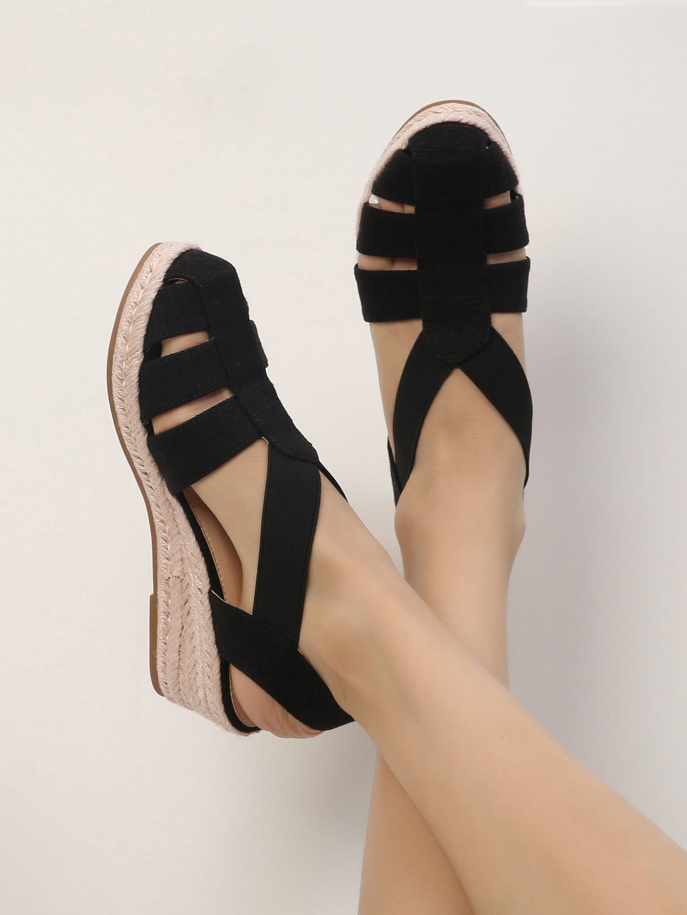 Women Cut Out Espadrille Slingback Wedge Sandals, Vacation Summer Hollow Out Black Ankle Strap Wedges