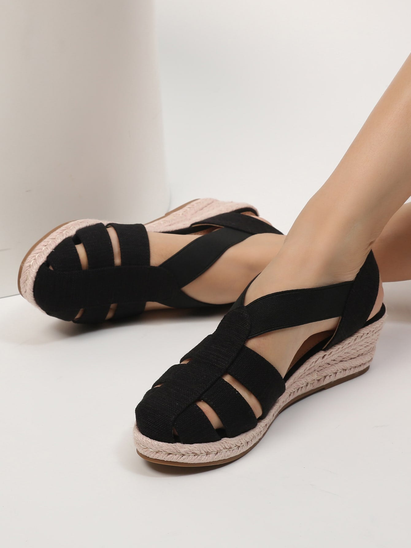 Women Cut Out Espadrille Slingback Wedge Sandals, Vacation Summer Hollow Out Black Ankle Strap Wedges