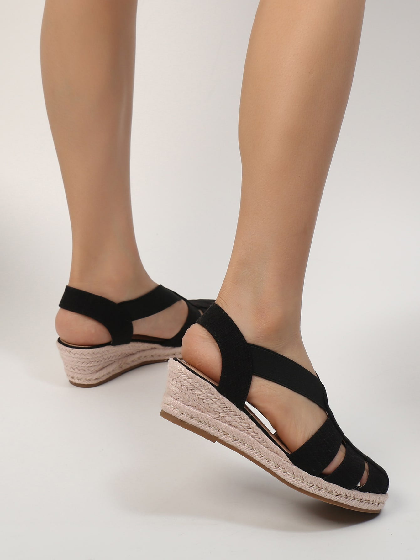 Women Cut Out Espadrille Slingback Wedge Sandals, Vacation Summer Hollow Out Black Ankle Strap Wedges