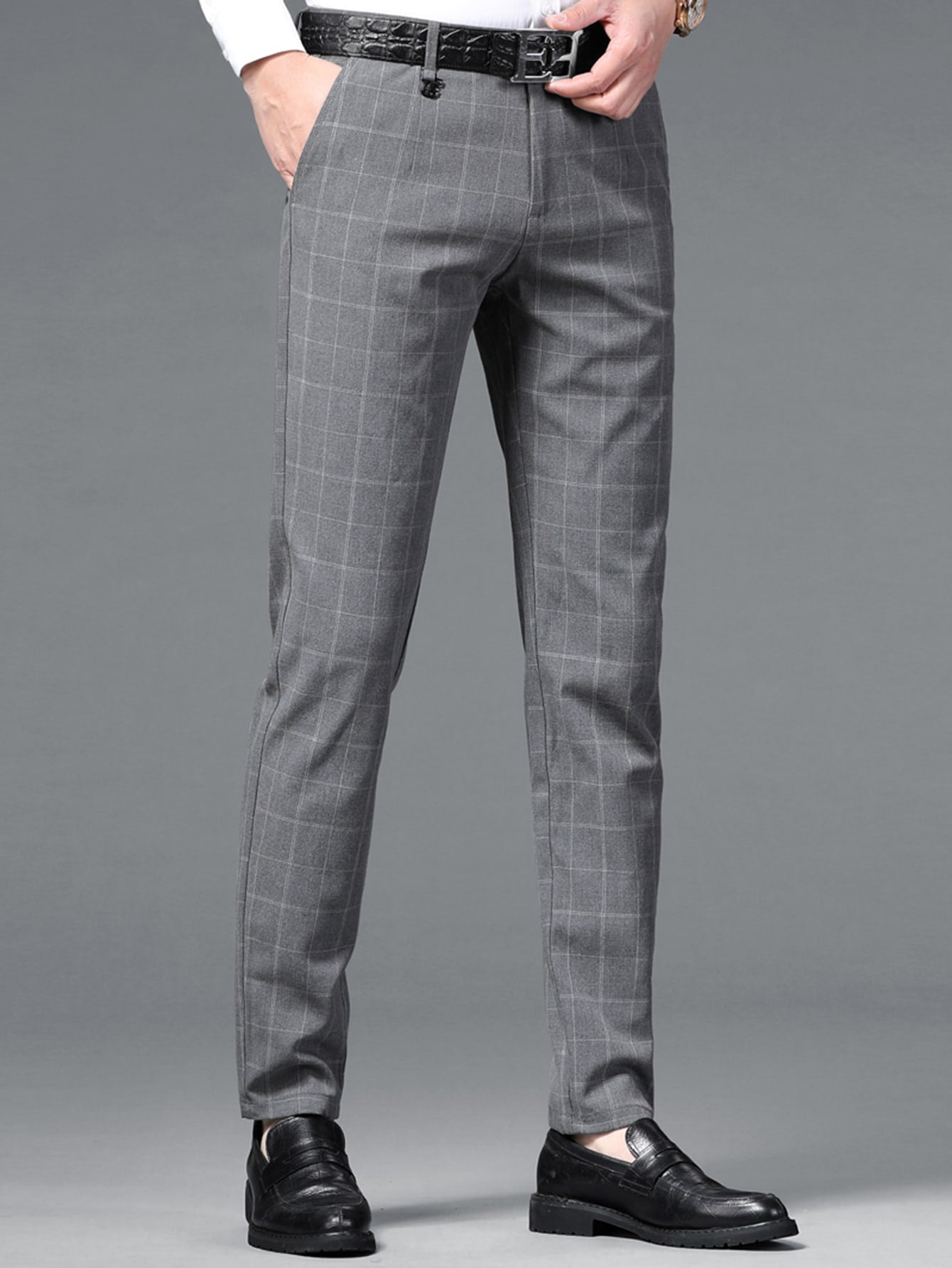 Men Plaid Button Detail Suit Pants Without Belt