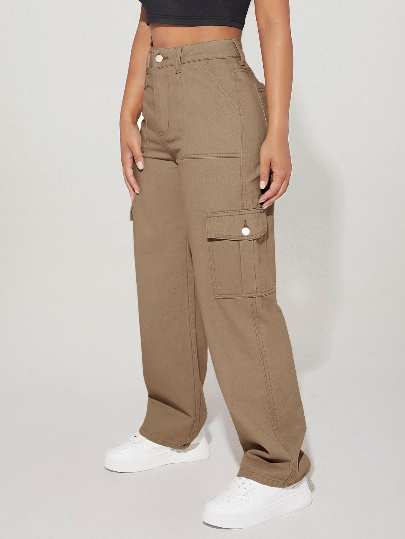 High Waist Flap Pocket Side Cargo Jeans