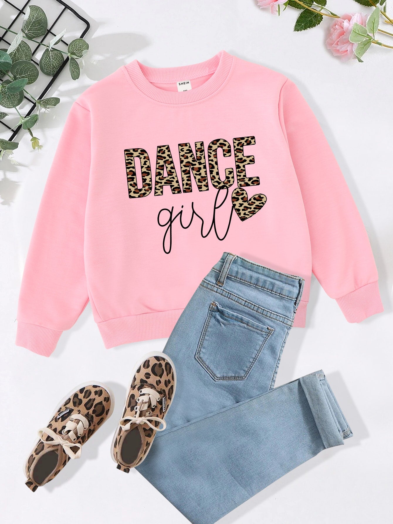 Young Girl Cute Casual Leopard Print Letter Pattern Basic Round Neck Sweatshirt Sweatshirt