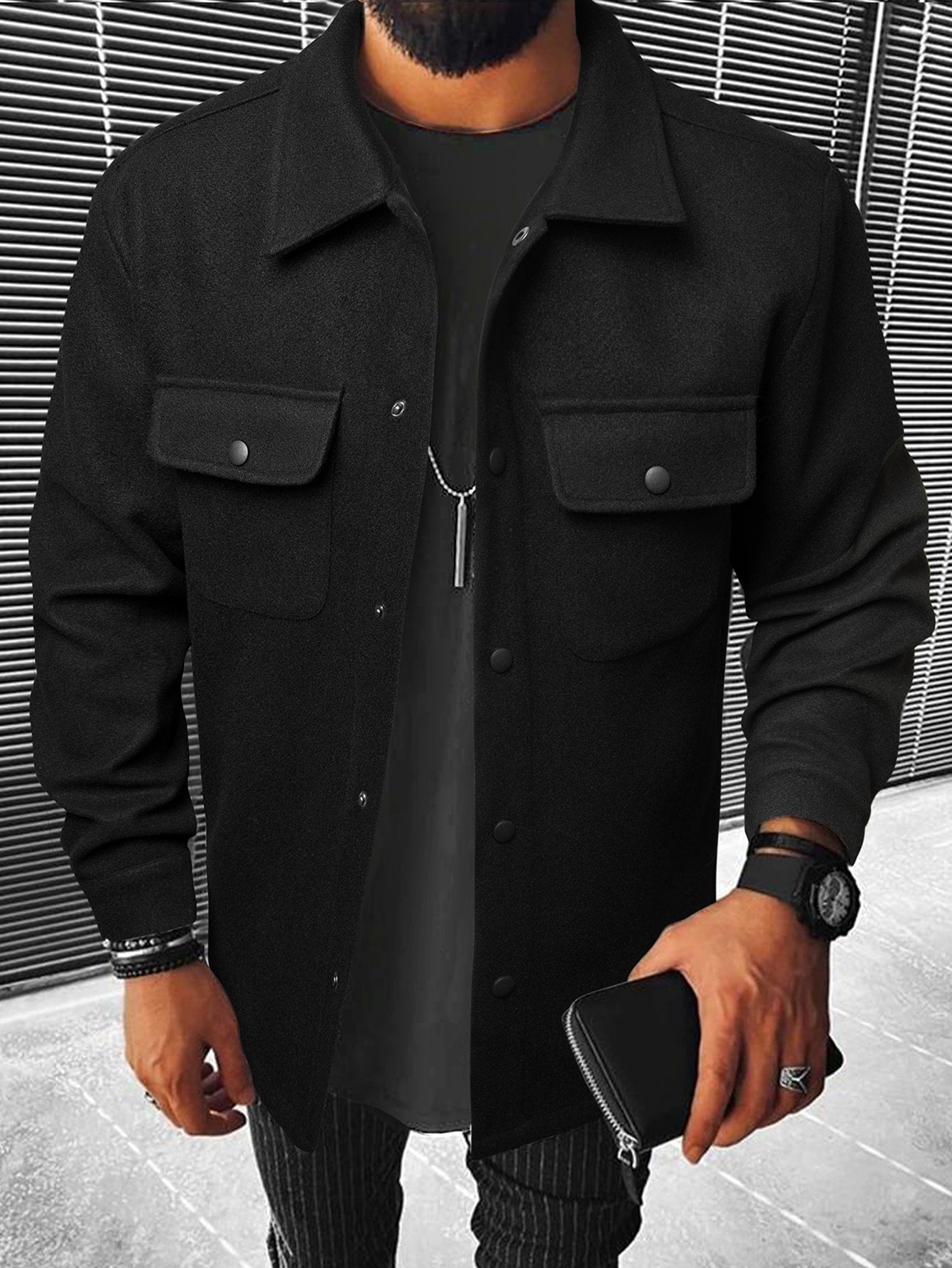 Men's Solid Color Button-Front Pocket Long Sleeve Wool Blend Jacket