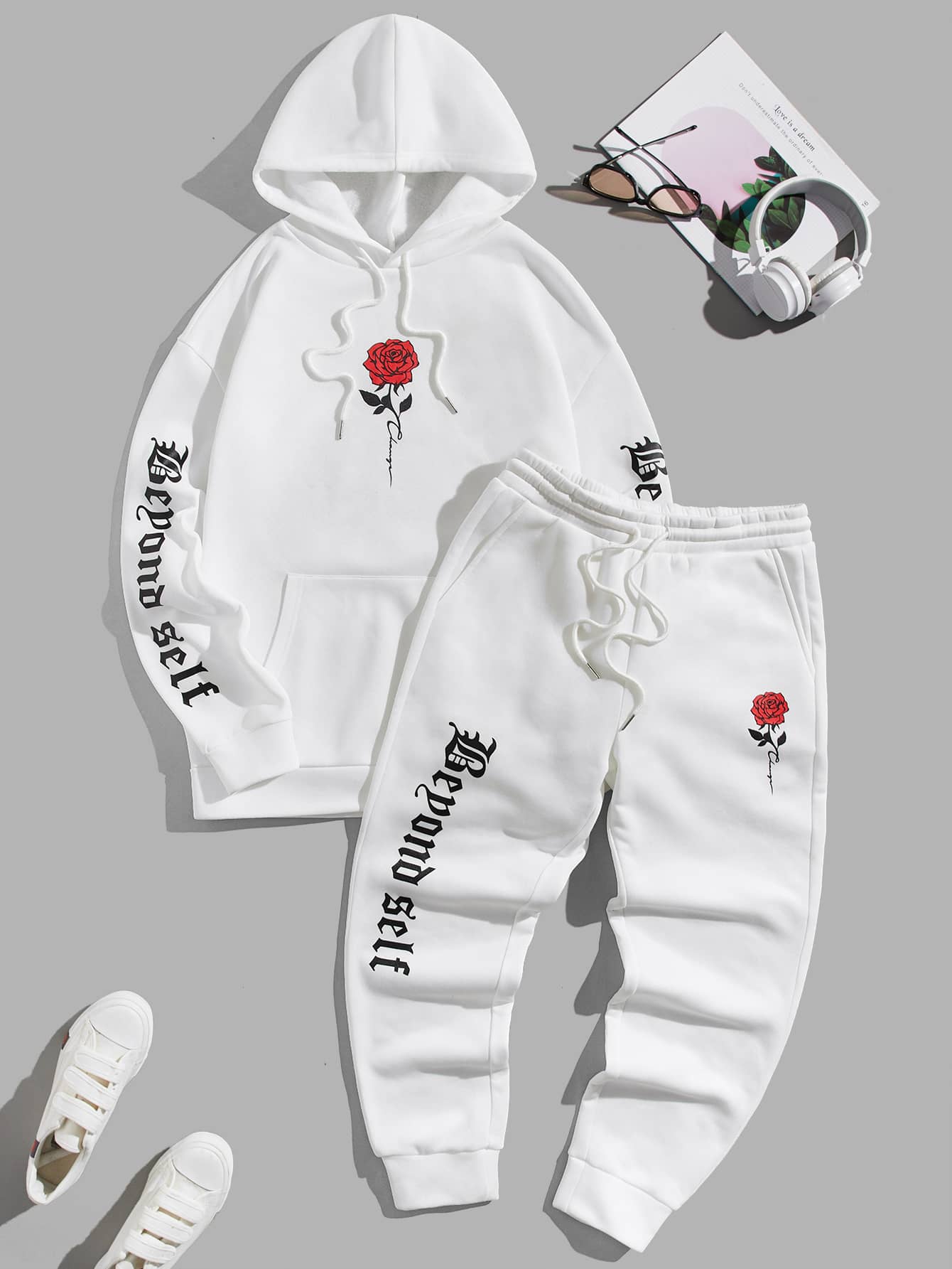 Men Floral And Letter Graphic Drawstring Hoodie & Sweatpants