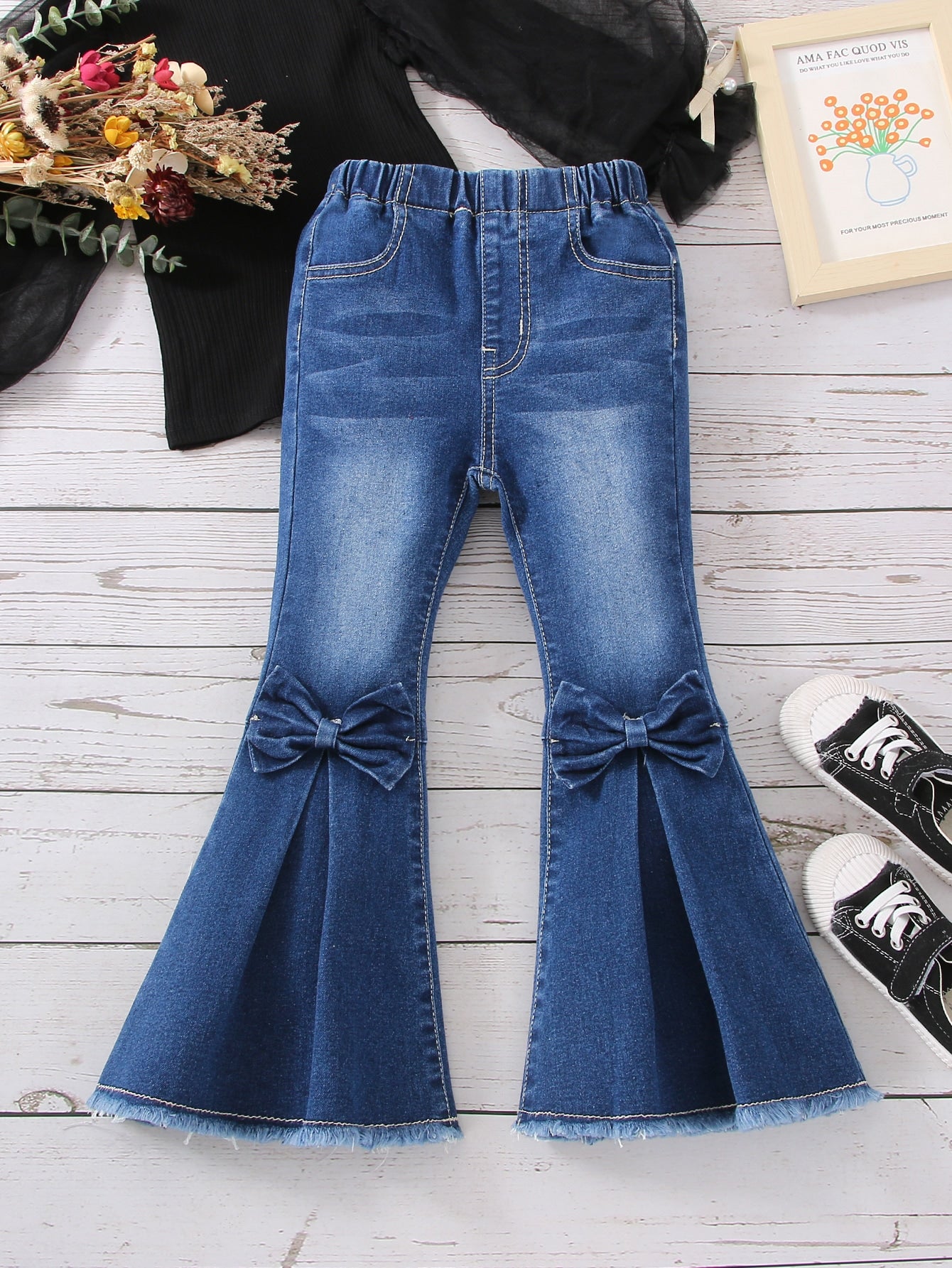 Young Girl Bow Front Fold Pleated Raw Hem Flare Leg Jeans