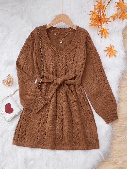 Tween Girl Cable Knit Drop Shoulder Belted Sweater Dress