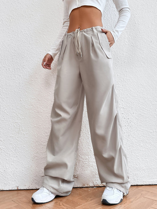 Solid Drawstring Waist Parachute Pants