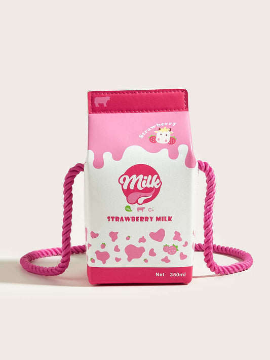 1pc Kids' Cute Pink Strawberry Cow Pattern PU Milk Box Cartoon Style Fun One Shoulder Crossbody Bag Suitable For Daily Use