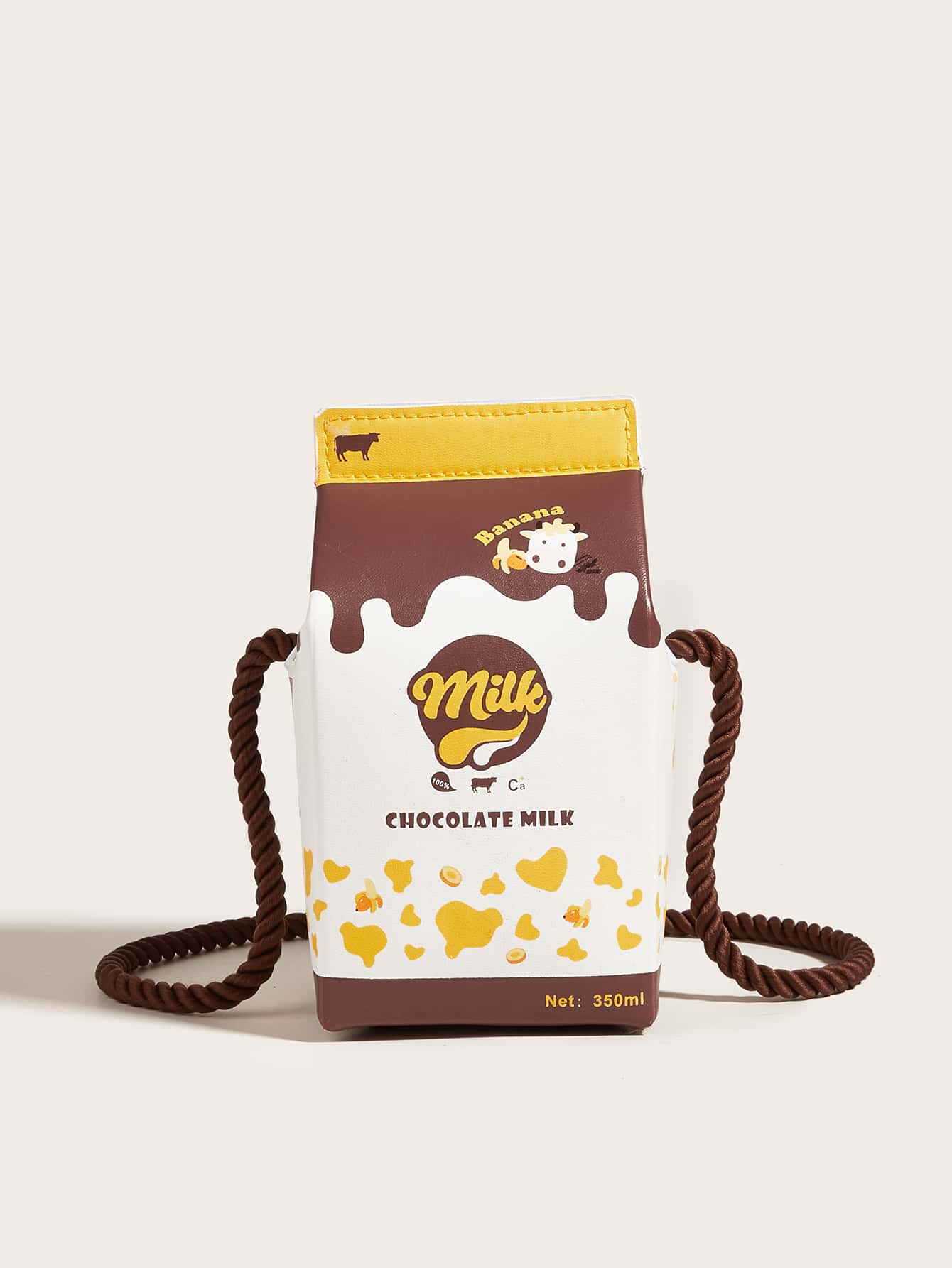 1pc Children's Brown Chocolate Banana Cow Pattern PU Milk Box Shaped Cute Cartoon Shoulder Bag, Versatile For Daily Use