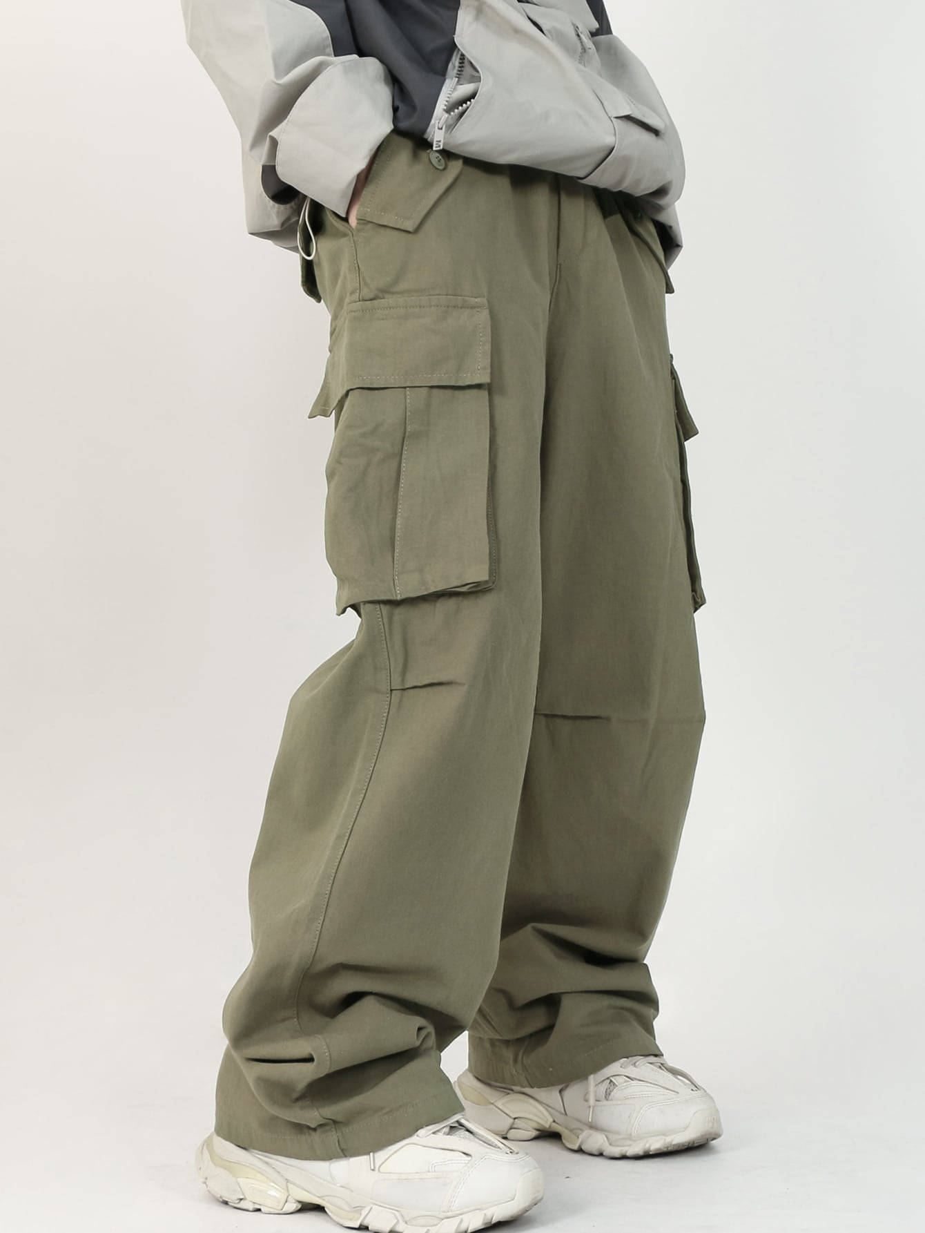 Loose Fit Men's Cargo Pants With Flap Pockets, Side Drawstring Waist