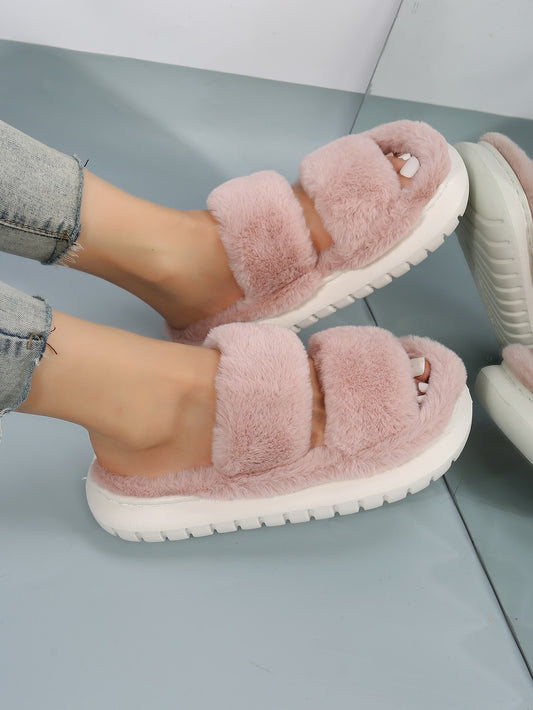 Minimalist Fluffy Bedroom Slippers, Fashionable Solid Pink Women's Indoor Slippers