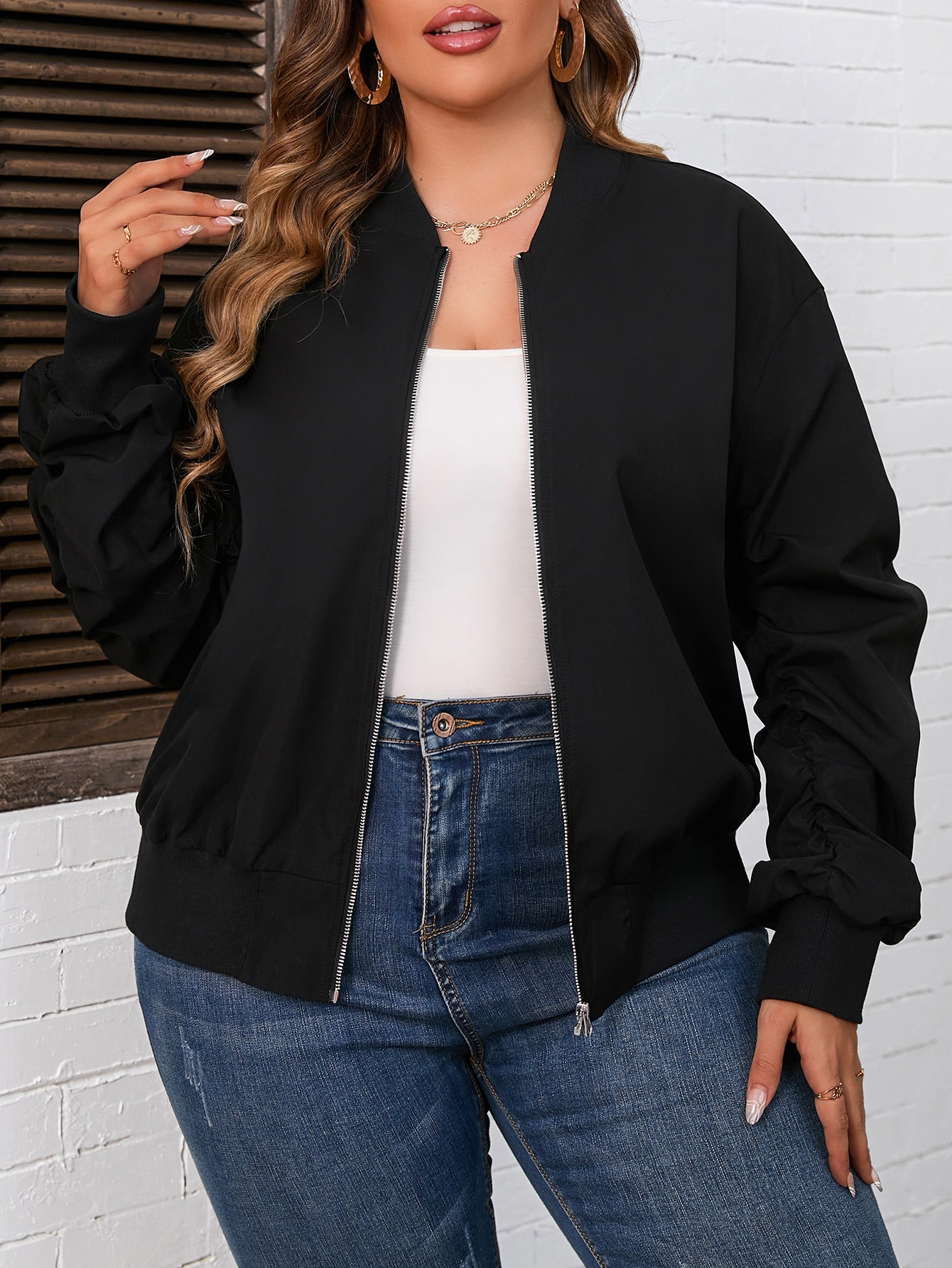 Plus Drop Shoulder Zipper Bomber Jacket