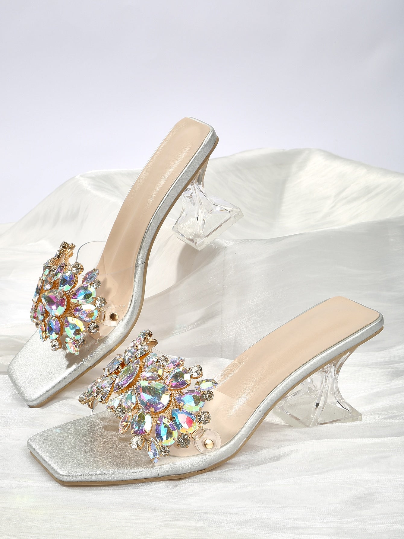 Rhinestone Decor Clear Band Sculptural Heeled Mule Sandals, Blue Party Crystal Detail Solid Color Mules Heels