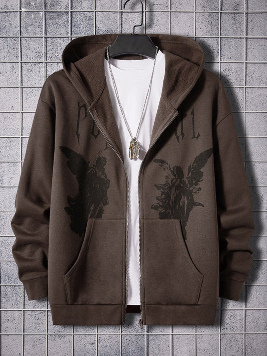 Loose Fit Men's Angel & Letter Print Kangaroo Pocket Hoodie