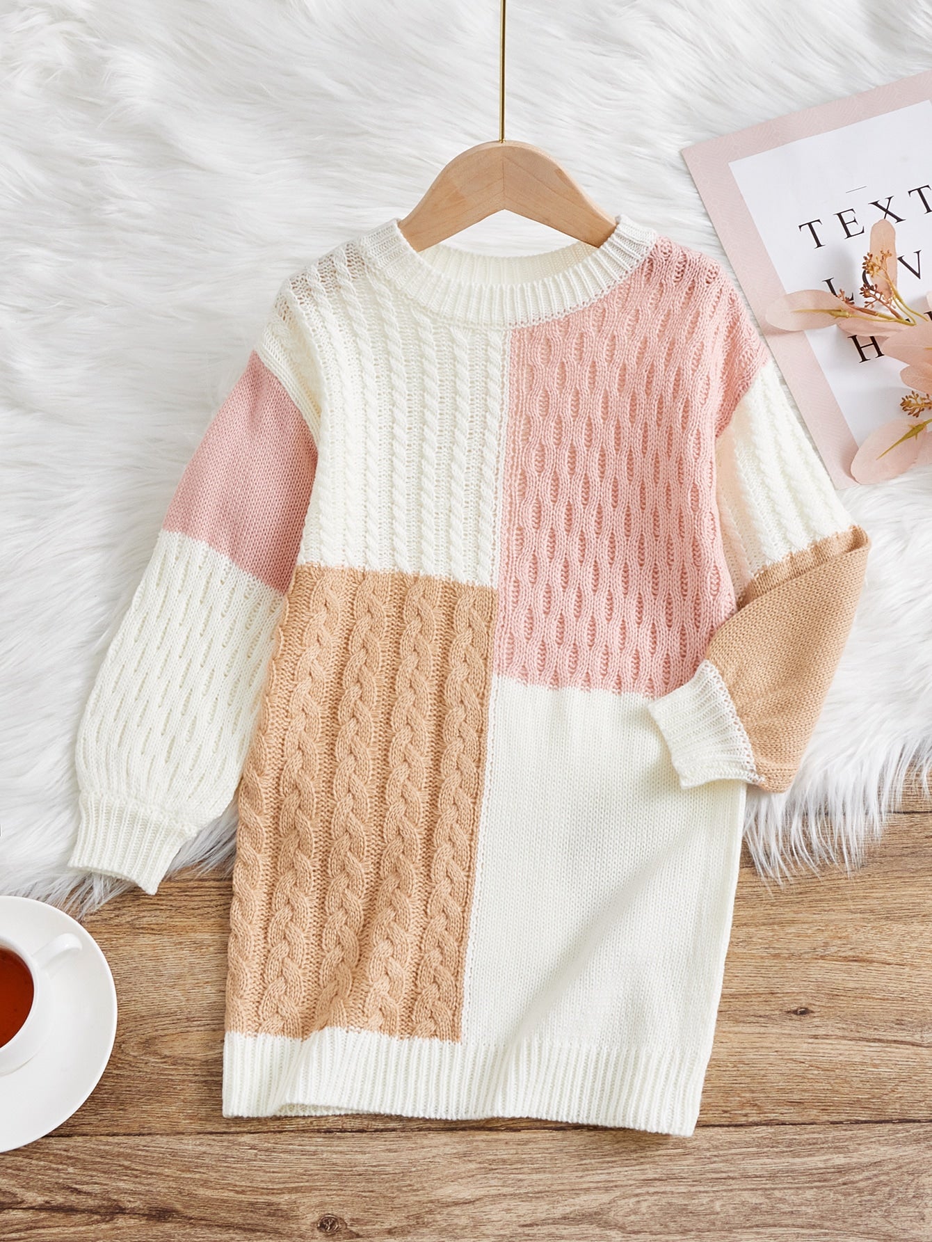 Young Girl Colorblock Cable Knit Sweater Dress